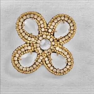 Four Leaf Clover White & Gold Beaded & Rhinestone Brooch Pin